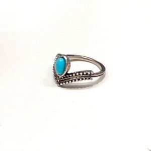 V Shape Vintage Like Faux Turquoise Stone color Silver plated Ring